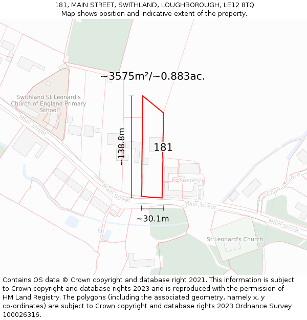 181, MAIN STREET, SWITHLAND, LOUGHBOROUGH, LE12 8TQ: Plot and title map