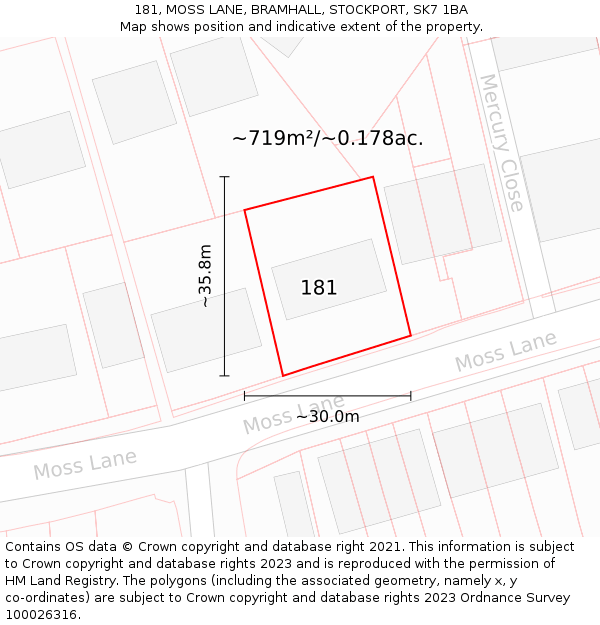 181, MOSS LANE, BRAMHALL, STOCKPORT, SK7 1BA: Plot and title map