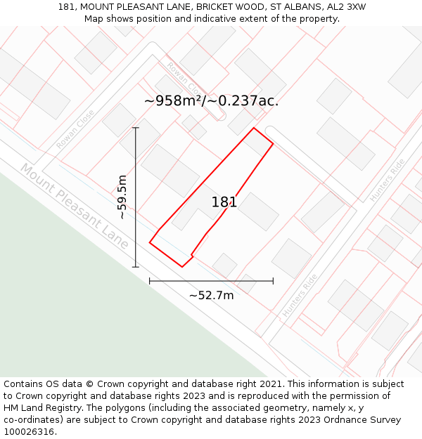 181, MOUNT PLEASANT LANE, BRICKET WOOD, ST ALBANS, AL2 3XW: Plot and title map