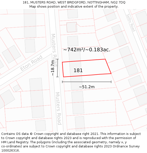 181, MUSTERS ROAD, WEST BRIDGFORD, NOTTINGHAM, NG2 7DQ: Plot and title map