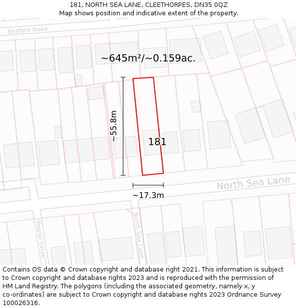 181, NORTH SEA LANE, CLEETHORPES, DN35 0QZ: Plot and title map