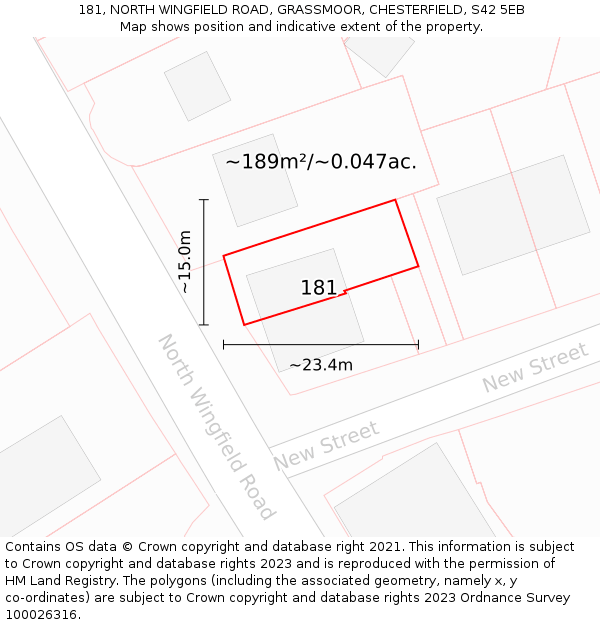 181, NORTH WINGFIELD ROAD, GRASSMOOR, CHESTERFIELD, S42 5EB: Plot and title map