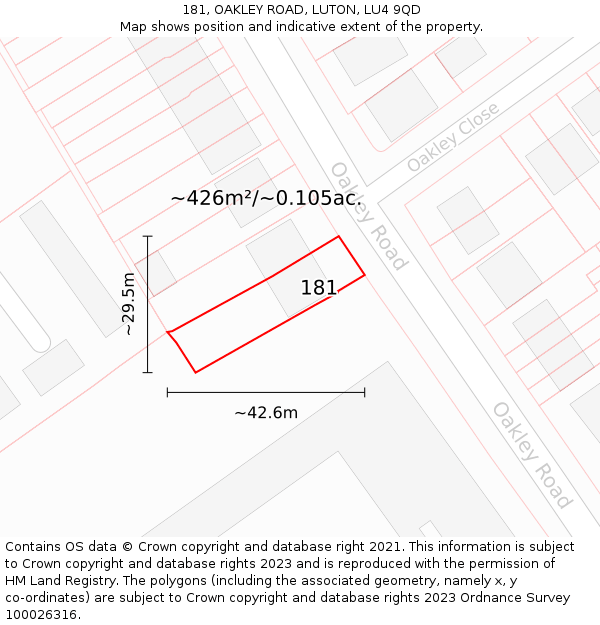 181, OAKLEY ROAD, LUTON, LU4 9QD: Plot and title map