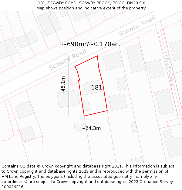 181, SCAWBY ROAD, SCAWBY BROOK, BRIGG, DN20 9JX: Plot and title map