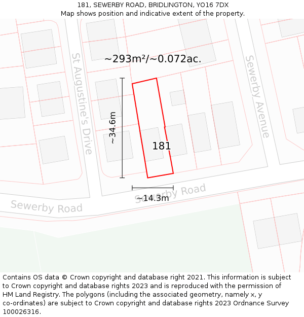 181, SEWERBY ROAD, BRIDLINGTON, YO16 7DX: Plot and title map