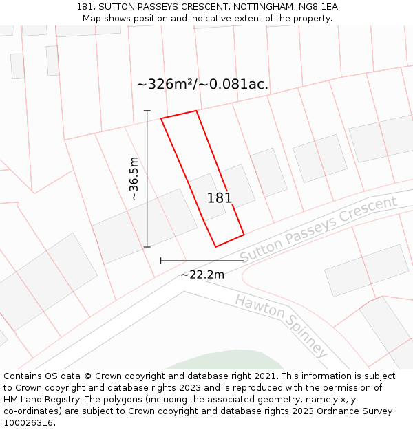 181, SUTTON PASSEYS CRESCENT, NOTTINGHAM, NG8 1EA: Plot and title map