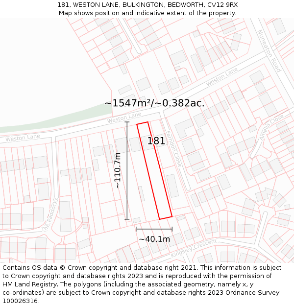 181, WESTON LANE, BULKINGTON, BEDWORTH, CV12 9RX: Plot and title map