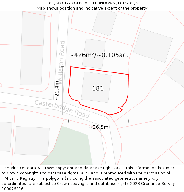 181, WOLLATON ROAD, FERNDOWN, BH22 8QS: Plot and title map