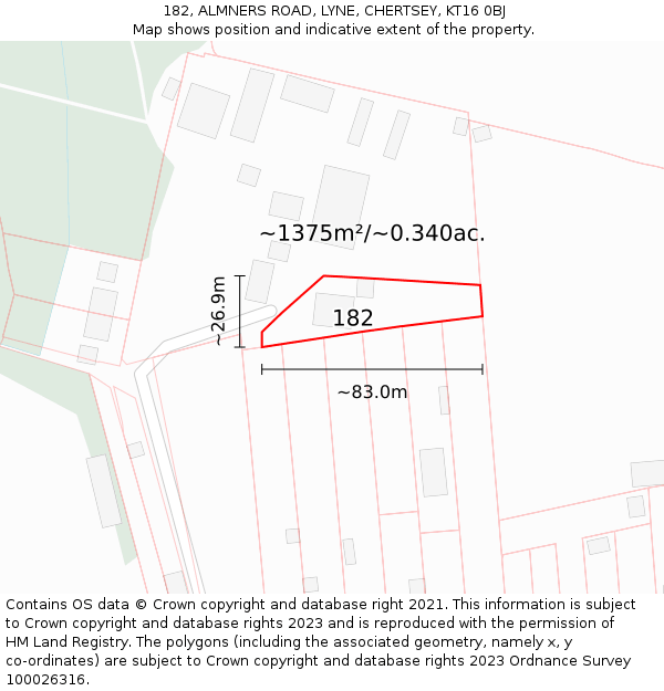 182, ALMNERS ROAD, LYNE, CHERTSEY, KT16 0BJ: Plot and title map