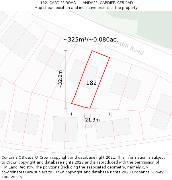 182, CARDIFF ROAD, LLANDAFF, CARDIFF, CF5 2AD: Plot and title map