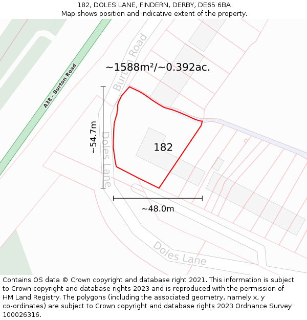 182, DOLES LANE, FINDERN, DERBY, DE65 6BA: Plot and title map