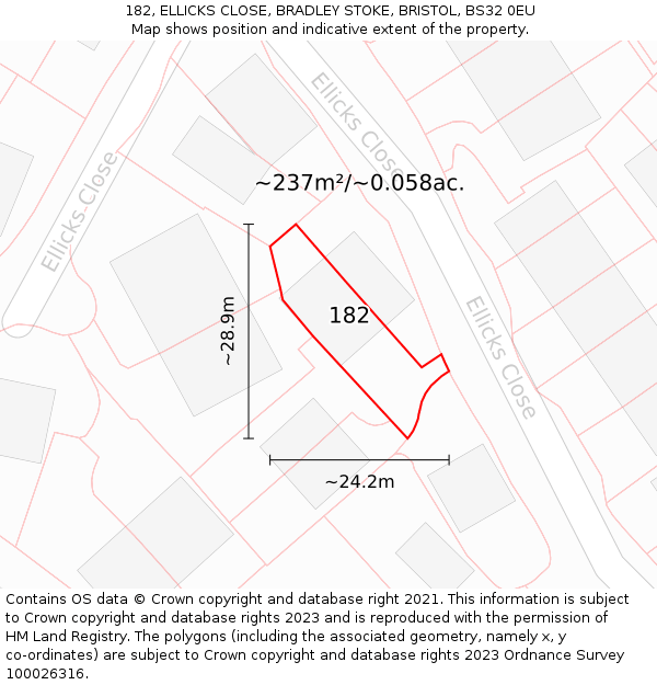 182, ELLICKS CLOSE, BRADLEY STOKE, BRISTOL, BS32 0EU: Plot and title map