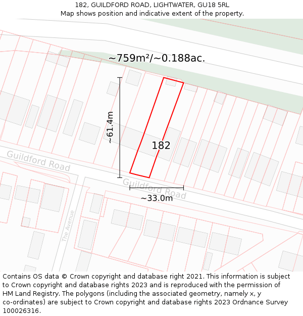 182, GUILDFORD ROAD, LIGHTWATER, GU18 5RL: Plot and title map