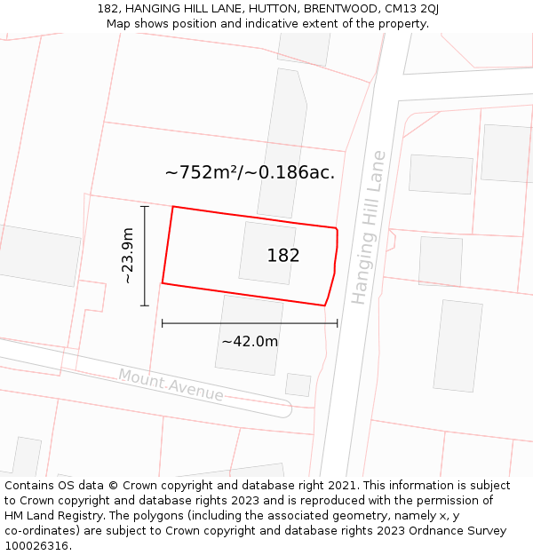 182, HANGING HILL LANE, HUTTON, BRENTWOOD, CM13 2QJ: Plot and title map