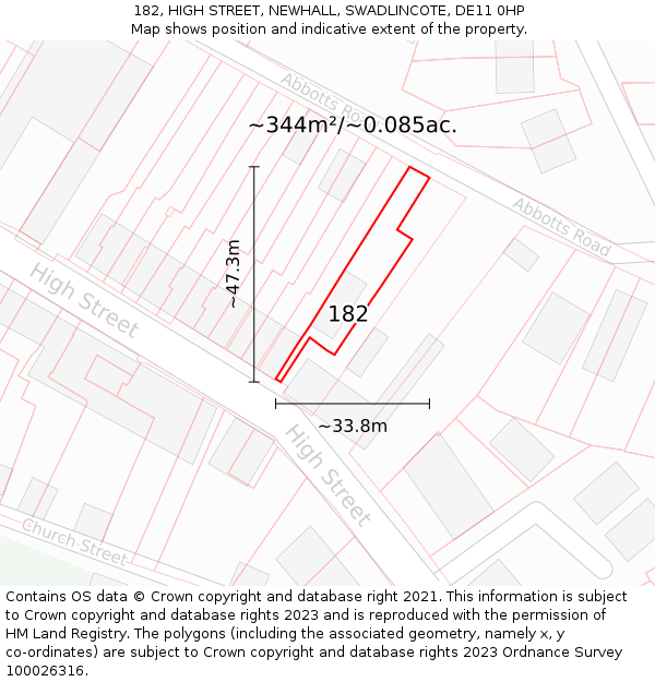 182, HIGH STREET, NEWHALL, SWADLINCOTE, DE11 0HP: Plot and title map