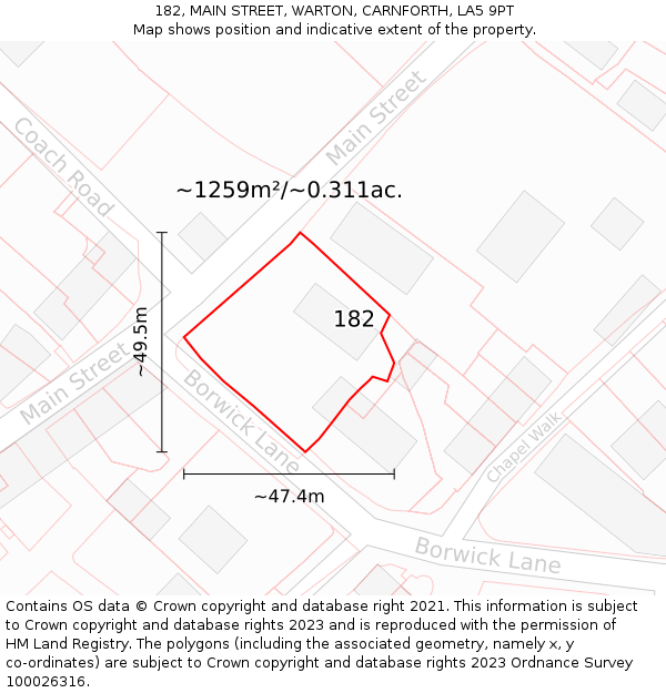 182, MAIN STREET, WARTON, CARNFORTH, LA5 9PT: Plot and title map