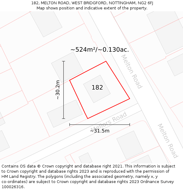 182, MELTON ROAD, WEST BRIDGFORD, NOTTINGHAM, NG2 6FJ: Plot and title map