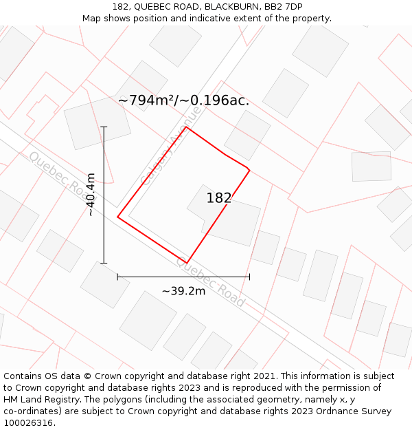 182, QUEBEC ROAD, BLACKBURN, BB2 7DP: Plot and title map