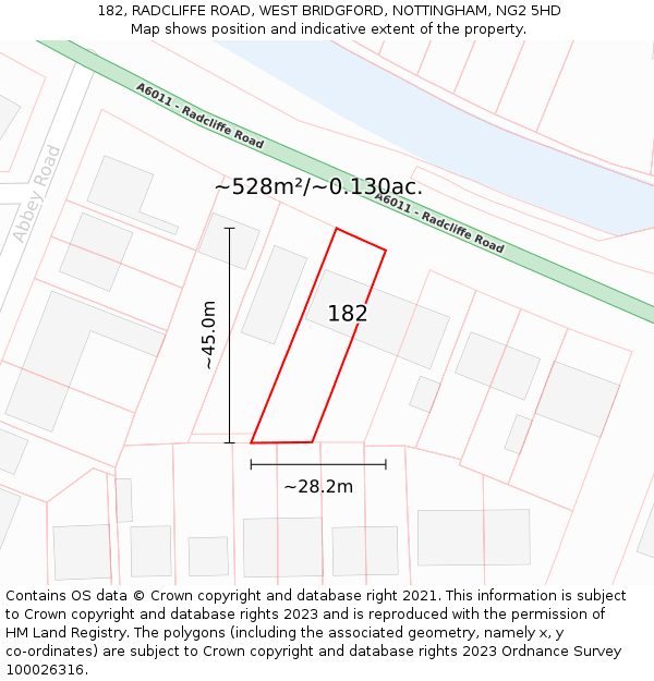 182, RADCLIFFE ROAD, WEST BRIDGFORD, NOTTINGHAM, NG2 5HD: Plot and title map