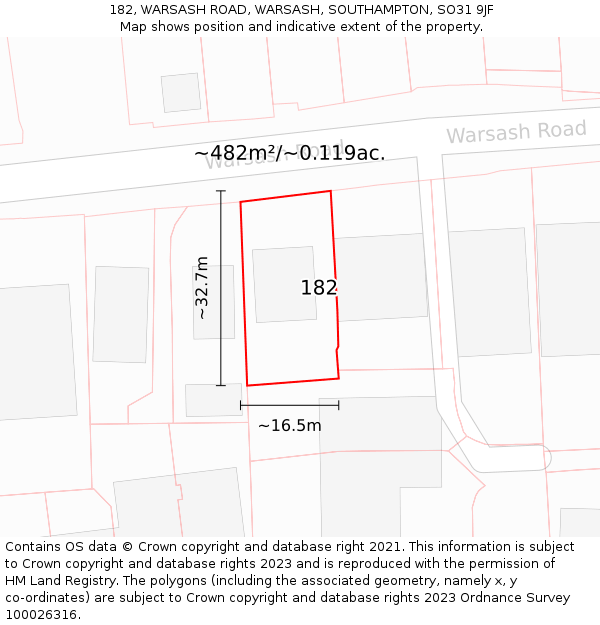 182, WARSASH ROAD, WARSASH, SOUTHAMPTON, SO31 9JF: Plot and title map