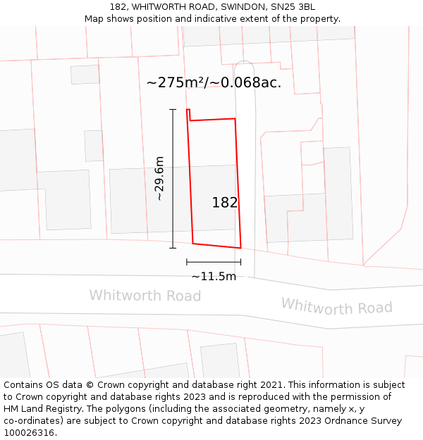 182, WHITWORTH ROAD, SWINDON, SN25 3BL: Plot and title map