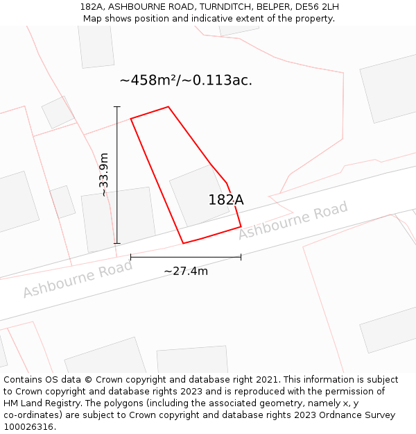 182A, ASHBOURNE ROAD, TURNDITCH, BELPER, DE56 2LH: Plot and title map