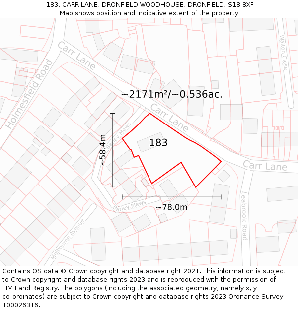 183, CARR LANE, DRONFIELD WOODHOUSE, DRONFIELD, S18 8XF: Plot and title map