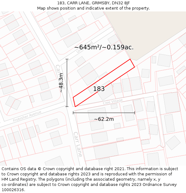 183, CARR LANE, GRIMSBY, DN32 8JF: Plot and title map