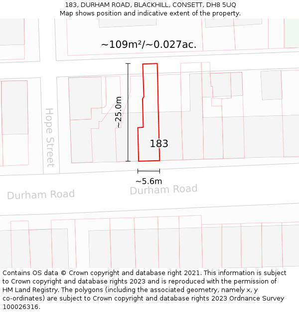 183, DURHAM ROAD, BLACKHILL, CONSETT, DH8 5UQ: Plot and title map