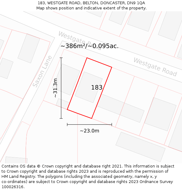 183, WESTGATE ROAD, BELTON, DONCASTER, DN9 1QA: Plot and title map