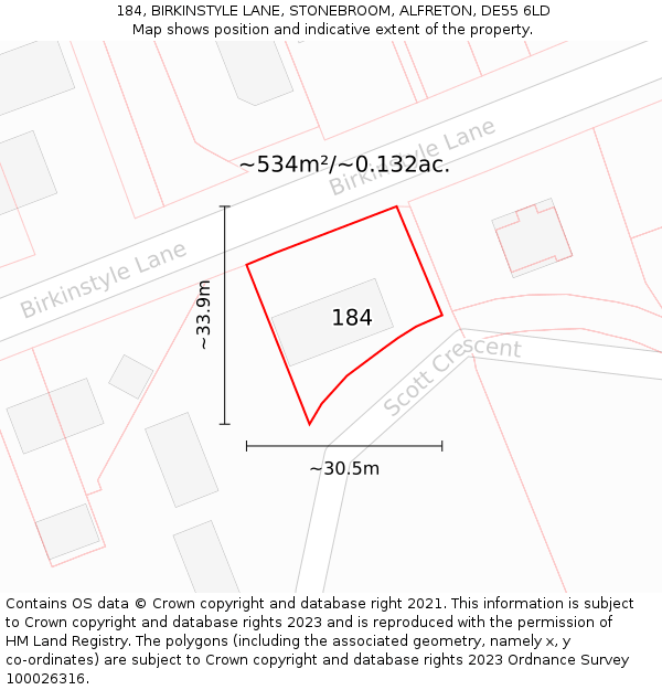 184, BIRKINSTYLE LANE, STONEBROOM, ALFRETON, DE55 6LD: Plot and title map