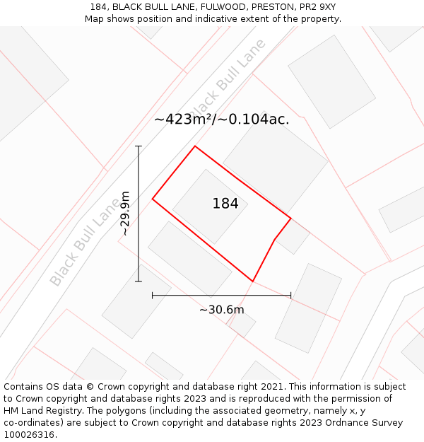 184, BLACK BULL LANE, FULWOOD, PRESTON, PR2 9XY: Plot and title map