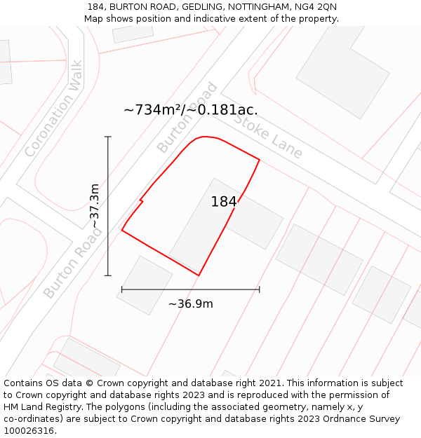184, BURTON ROAD, GEDLING, NOTTINGHAM, NG4 2QN: Plot and title map