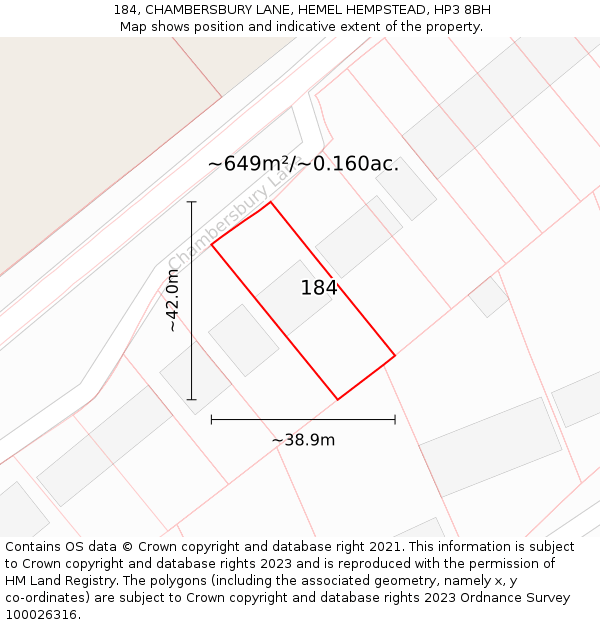 184, CHAMBERSBURY LANE, HEMEL HEMPSTEAD, HP3 8BH: Plot and title map