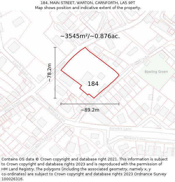 184, MAIN STREET, WARTON, CARNFORTH, LA5 9PT: Plot and title map