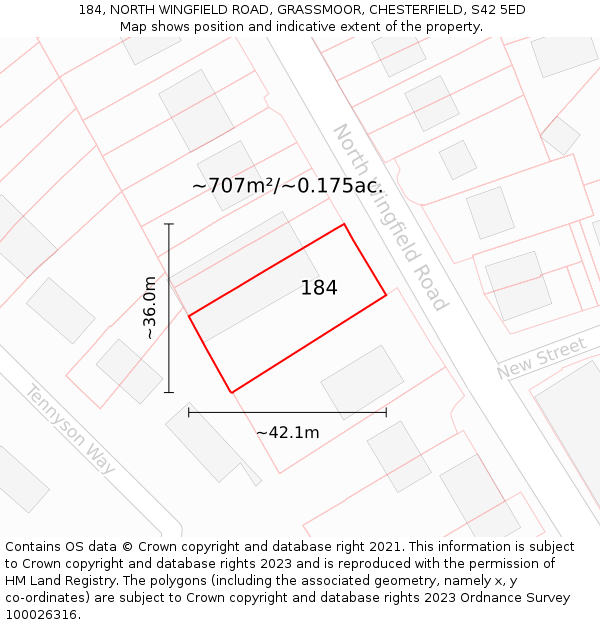 184, NORTH WINGFIELD ROAD, GRASSMOOR, CHESTERFIELD, S42 5ED: Plot and title map