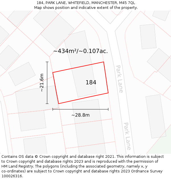 184, PARK LANE, WHITEFIELD, MANCHESTER, M45 7QL: Plot and title map