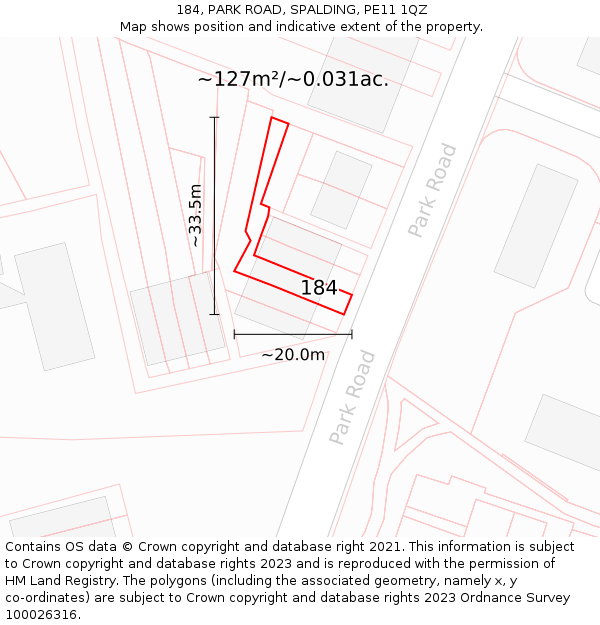 184, PARK ROAD, SPALDING, PE11 1QZ: Plot and title map