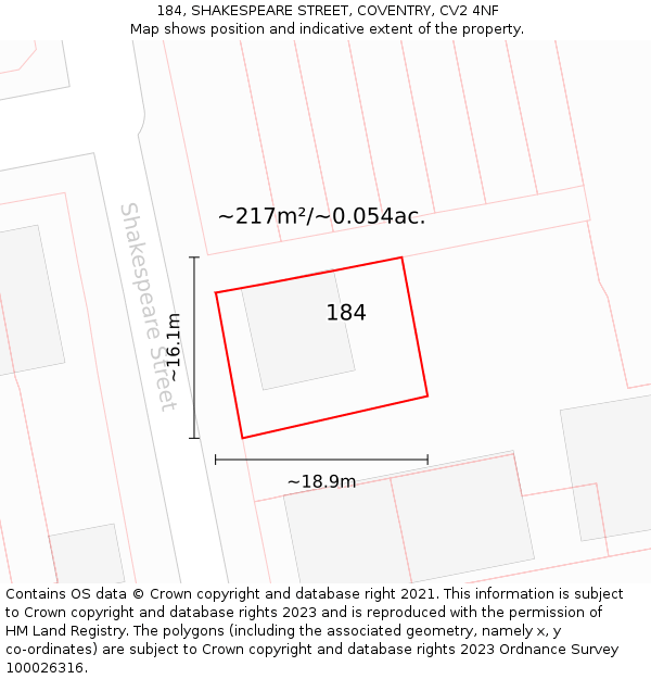 184, SHAKESPEARE STREET, COVENTRY, CV2 4NF: Plot and title map