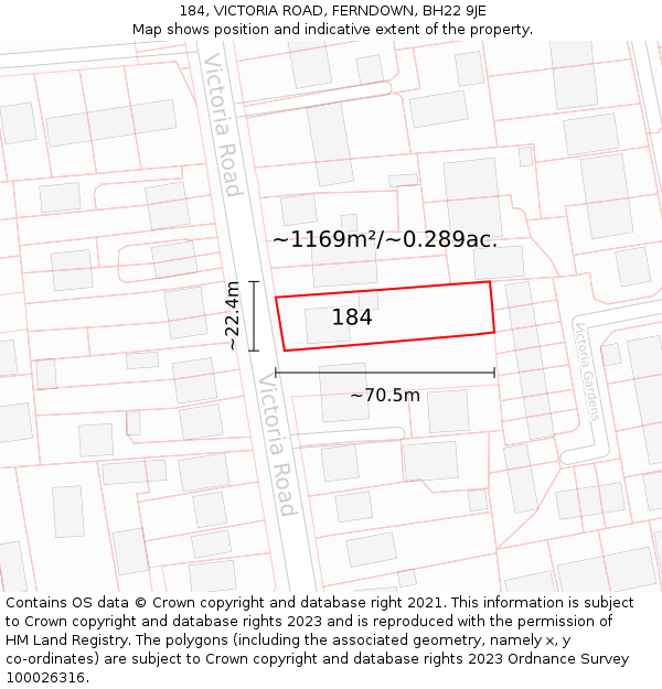 184, VICTORIA ROAD, FERNDOWN, BH22 9JE: Plot and title map