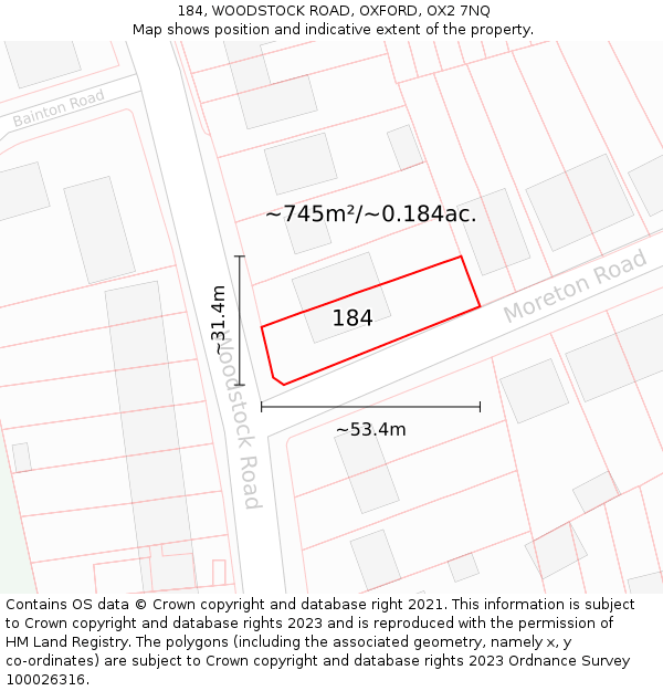 184, WOODSTOCK ROAD, OXFORD, OX2 7NQ: Plot and title map