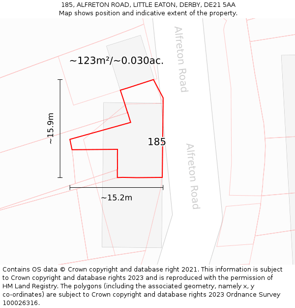 185, ALFRETON ROAD, LITTLE EATON, DERBY, DE21 5AA: Plot and title map