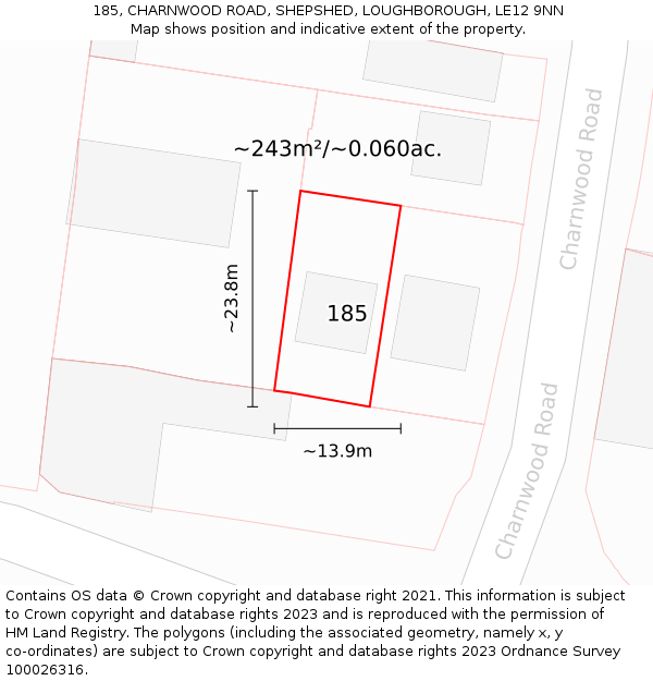 185, CHARNWOOD ROAD, SHEPSHED, LOUGHBOROUGH, LE12 9NN: Plot and title map