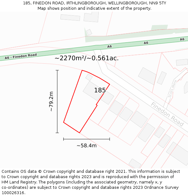 185, FINEDON ROAD, IRTHLINGBOROUGH, WELLINGBOROUGH, NN9 5TY: Plot and title map