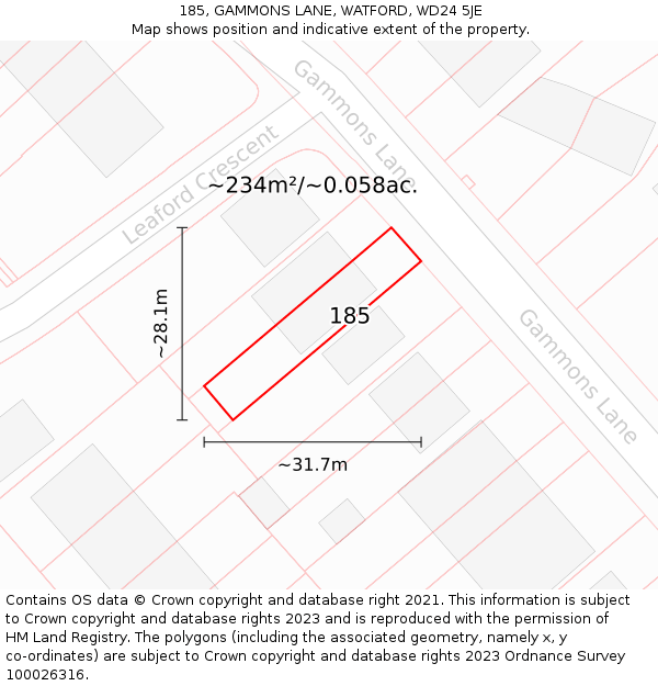 185, GAMMONS LANE, WATFORD, WD24 5JE: Plot and title map