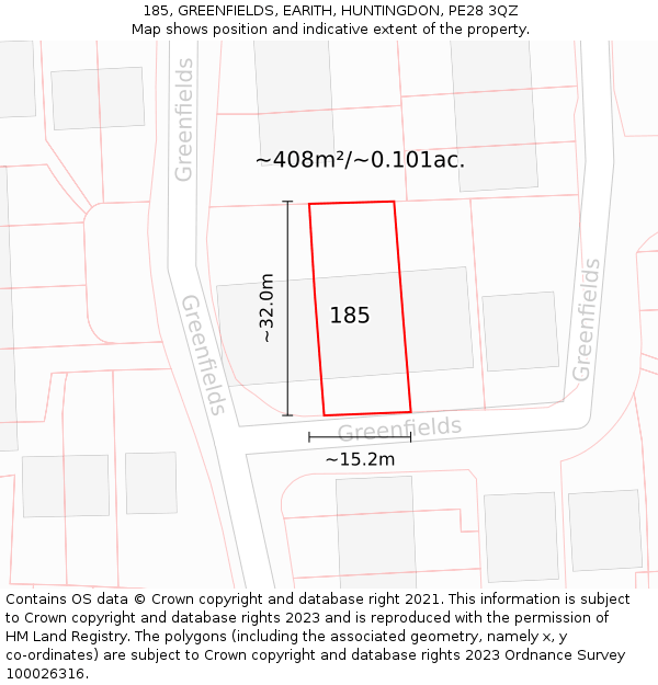 185, GREENFIELDS, EARITH, HUNTINGDON, PE28 3QZ: Plot and title map