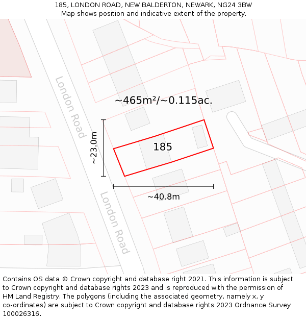 185, LONDON ROAD, NEW BALDERTON, NEWARK, NG24 3BW: Plot and title map