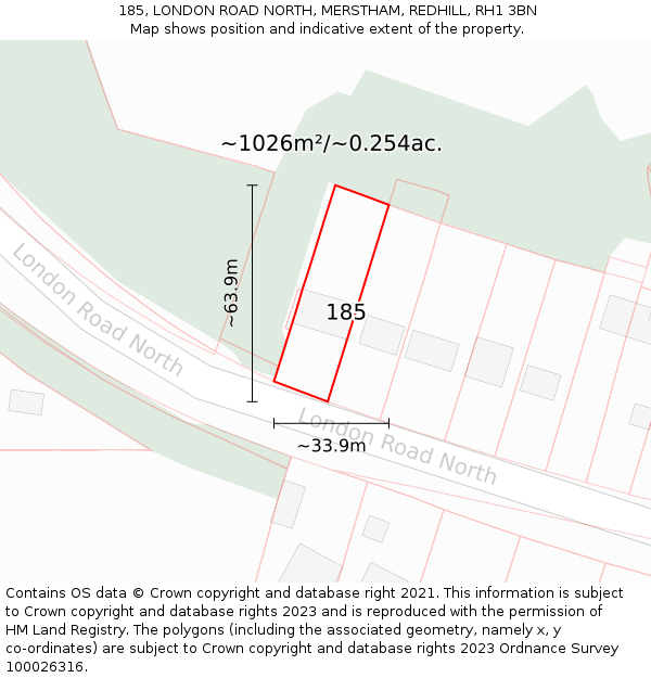 185, LONDON ROAD NORTH, MERSTHAM, REDHILL, RH1 3BN: Plot and title map