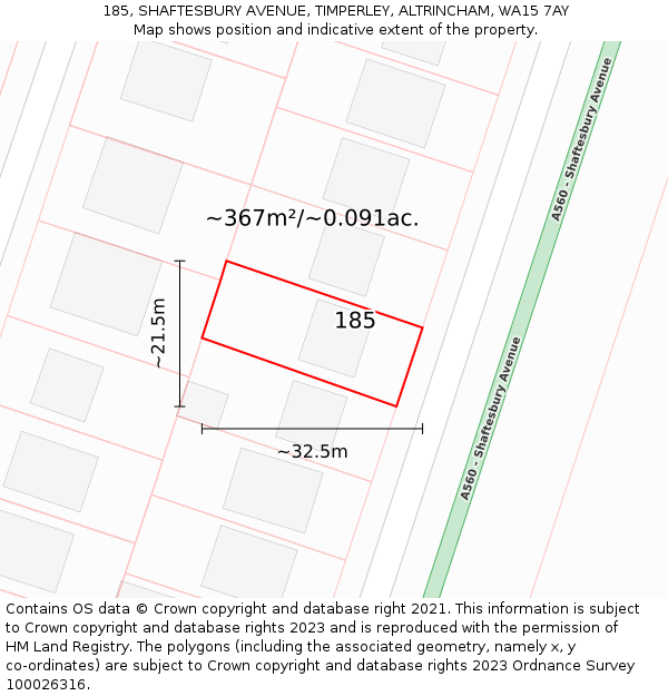 185, SHAFTESBURY AVENUE, TIMPERLEY, ALTRINCHAM, WA15 7AY: Plot and title map