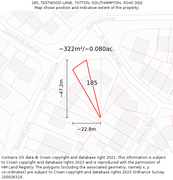 185, TESTWOOD LANE, TOTTON, SOUTHAMPTON, SO40 3QQ: Plot and title map